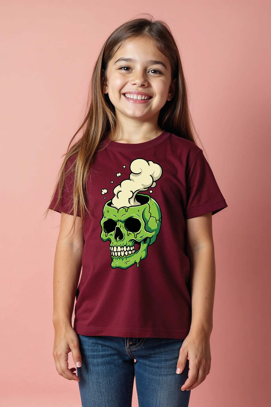 Thumbnail: Smoking Green Skull Casual Typography Print T-Shirt for Kids – Superhero Print