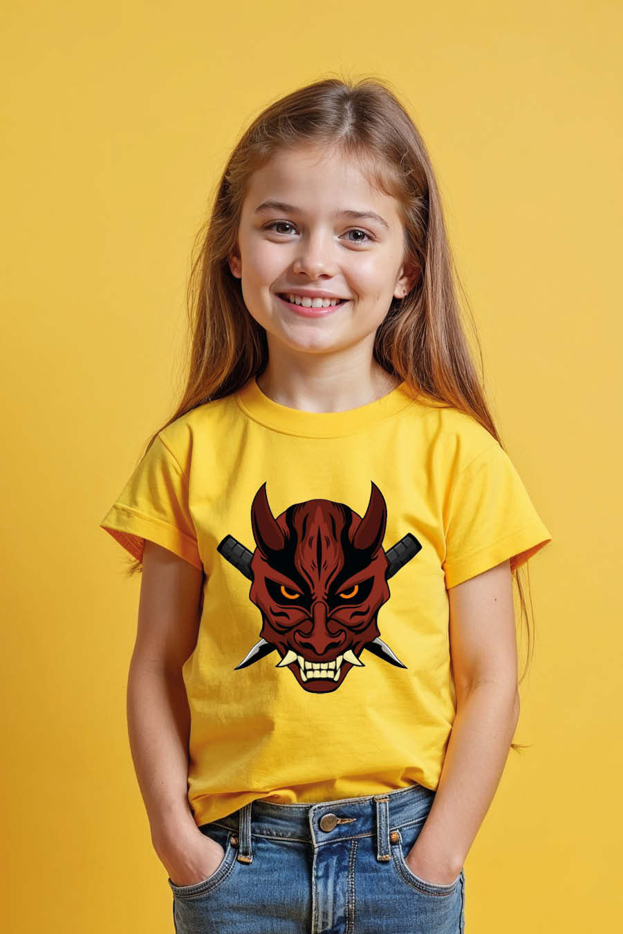 Thumbnail: Kids' Japanese Hannya Mask and Swords T-Shirt Casual Stylish Printed T-Shirt
