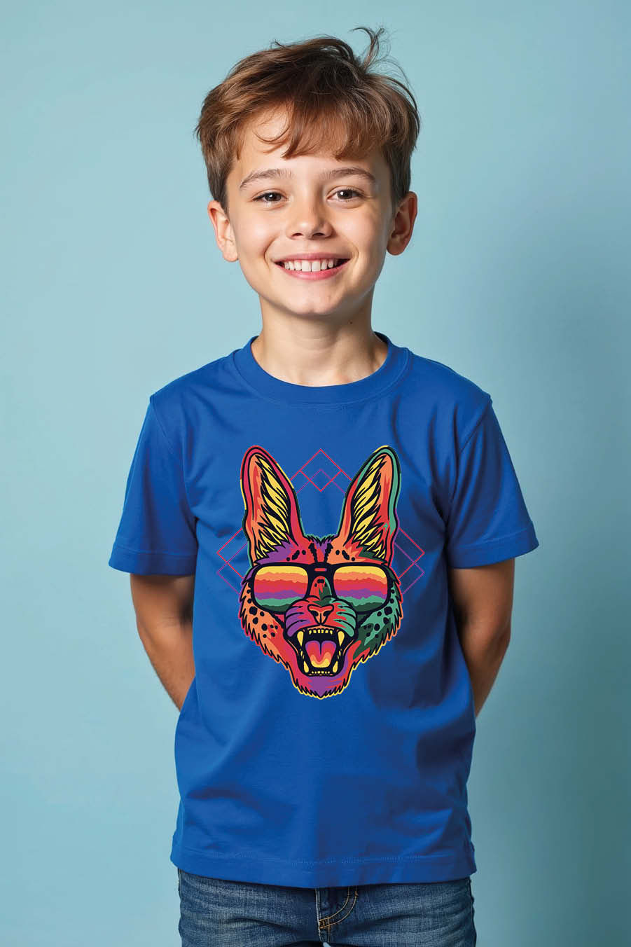 Neon Cat T-Shirt – Vibrant Kitty with Sunglasses & Open Mouth Graphic boys&girls