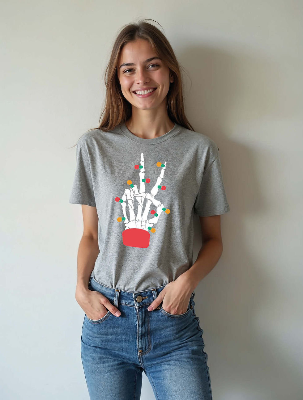 Thumbnail: Peace Sign Skeleton Hand Christmas Trendy Women’s Printed Graphic Streetwear Tee