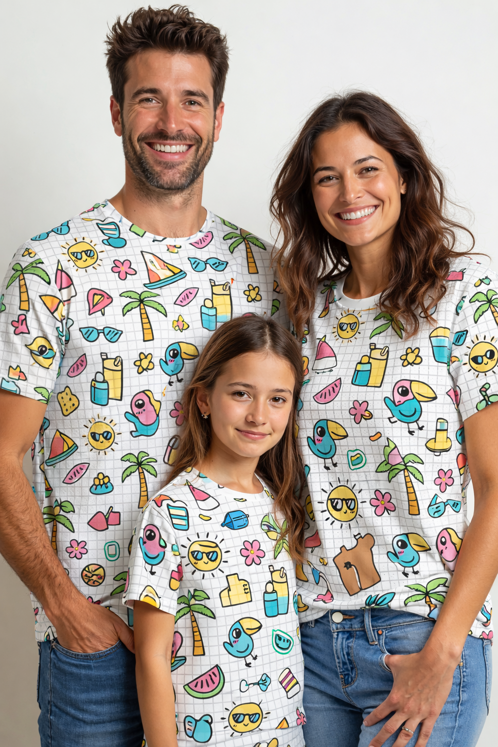 Family summer-themed matching printed T-shirts pack of 3