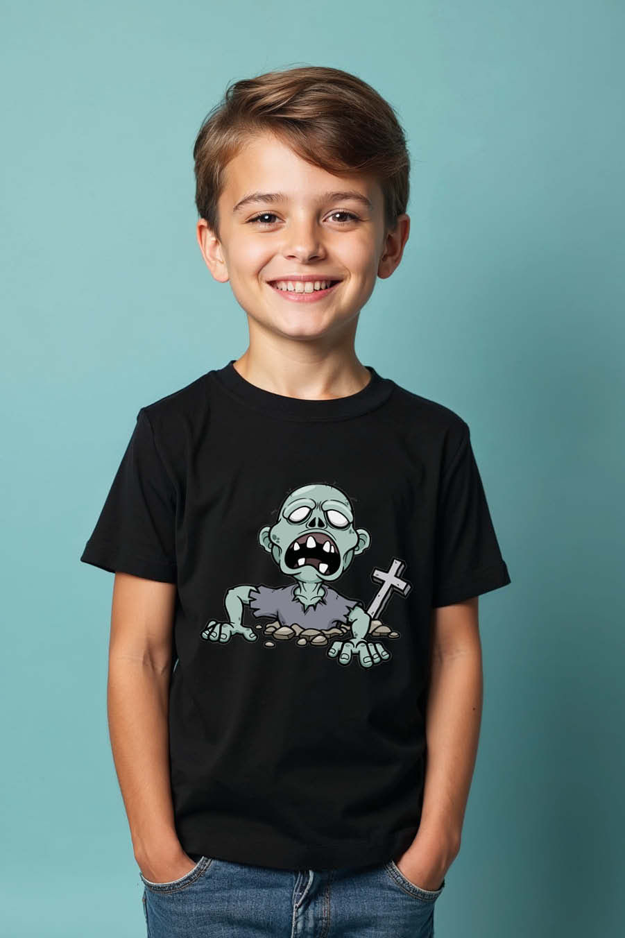 Thumbnail: Cartoon Zombie Rising From Grave Graphic T-Shirt Trendy Kids Printed T-Shirt