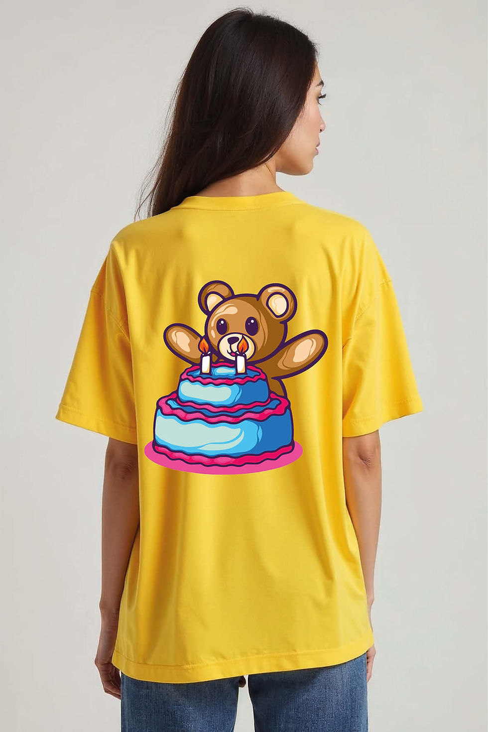 Birthday Teddy Bear with Cake Premium Unisex Drop Shoulder Oversized T-Shirt