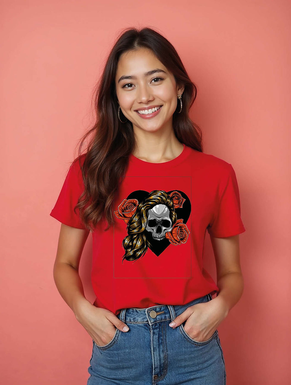 Thumbnail: Skull with Flowing Hair, Red Roses, and Black Heart tees for womens