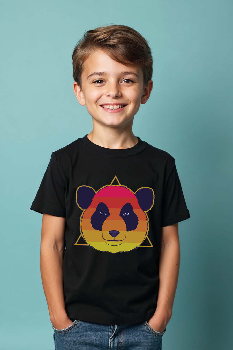 Retro Sunset Stripe Geometric Panda T-Shirt Cool Kids Graphic Tee – Artwork