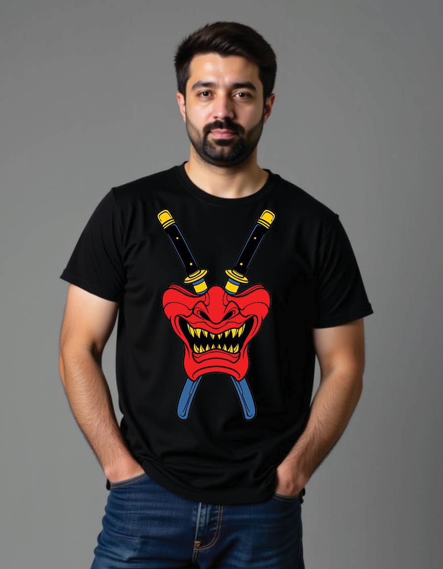 Thumbnail: half face oni mask with samurai mens printed graphic t shirt