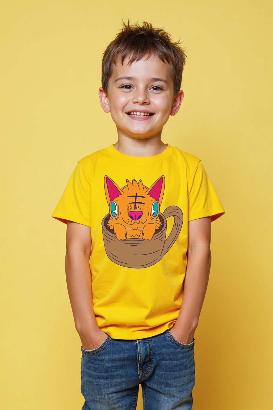 Thumbnail: Cute Cat in a Coffee Cup Graphic Soft Typography Print T-Shirt for Kids