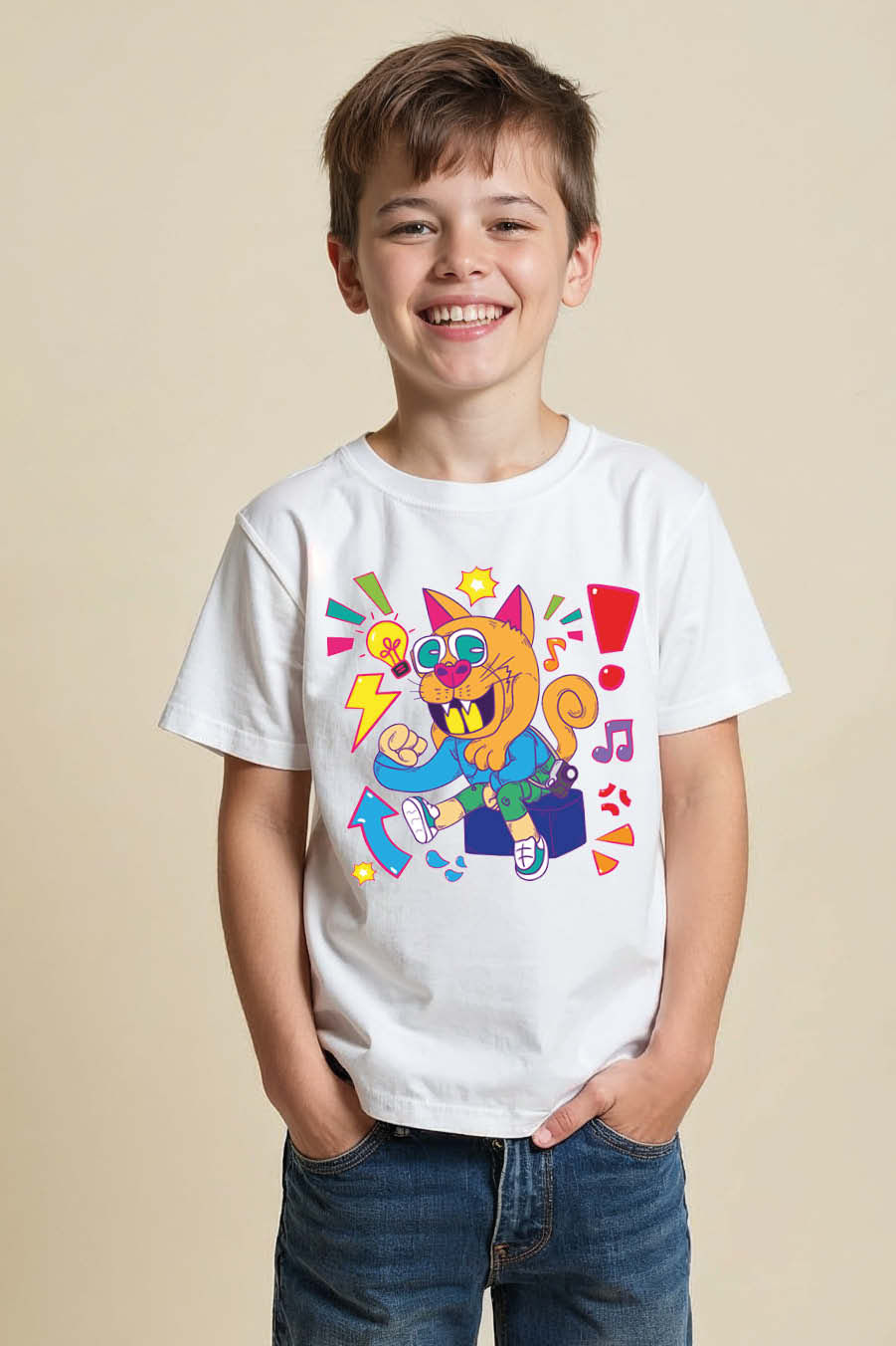 Thumbnail: Energetic Cartoon Cat "Lightbulb Moment" T-Shirt Modern Unisex Kids Graphic Tees