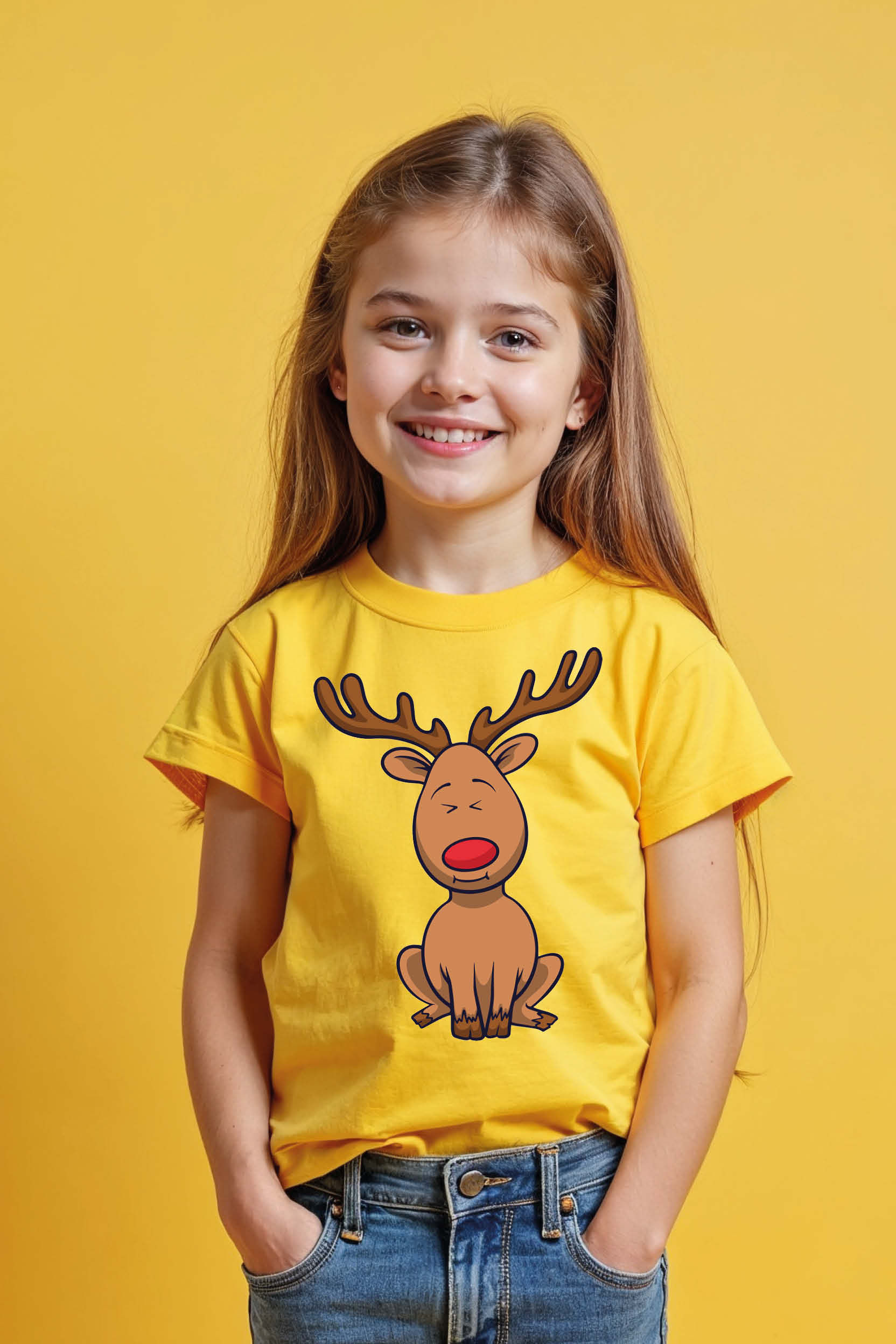 Simple Sitting Red-Nosed Reindeer Kids Fashion Cool Cartoon Kids T-Shirt