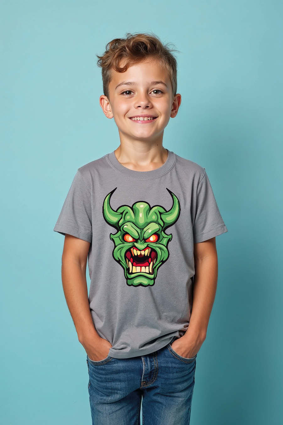Thumbnail: Green Monster Face Kids T-Shirt – Fun Scary Cartoon Graphic Tee for Boys & Girl