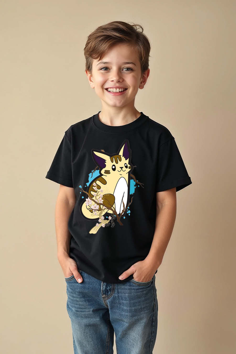 Thumbnail: Sakura Cat on a Branch Kid's Graphic T-Shirt Cotton Printed T-Shirt