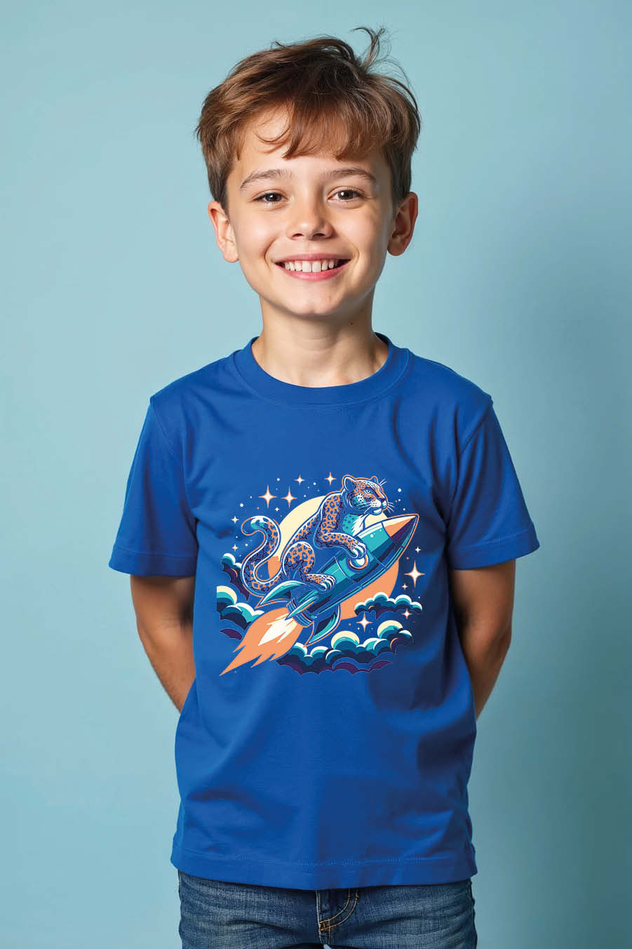Thumbnail: Cosmic Leopard Rocket Rider Everyday  Printed T-Shirt for Boys & Girls