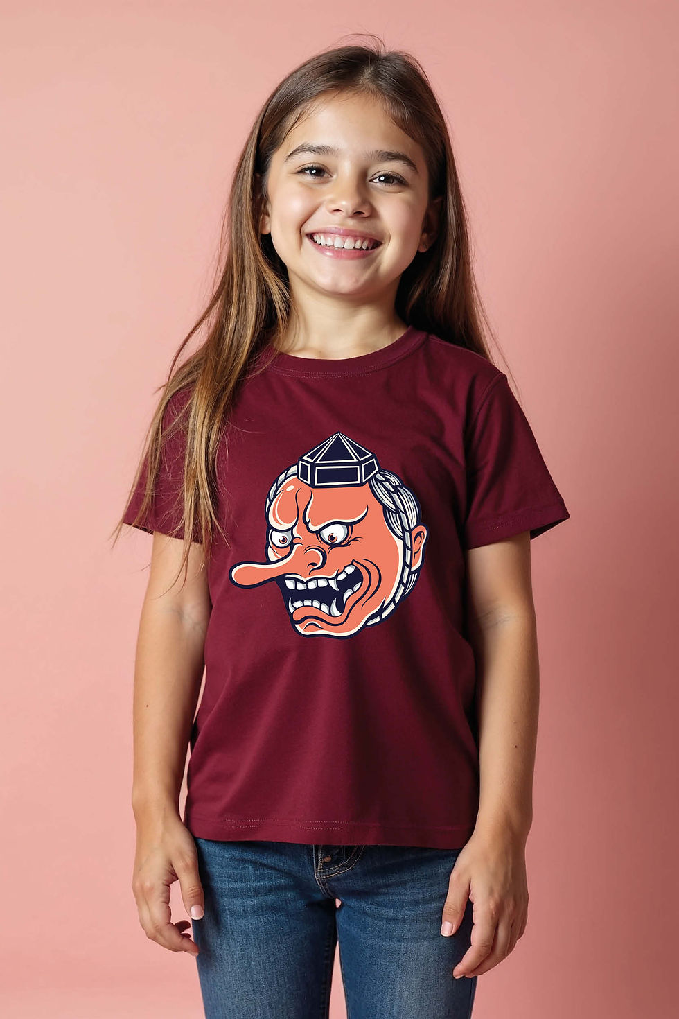 Thumbnail: Angry Long Nose Mask Kids T-Shirt – Bold Japanese Art Print  Tee for Boys