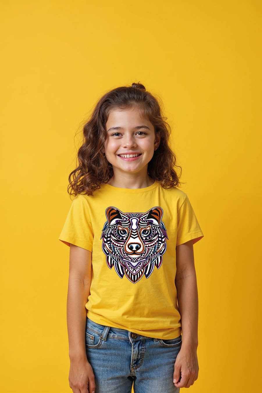 **Colorful Tribal Bear Face Printed Yellow T-Shirt for Kids | Bold Animal Art