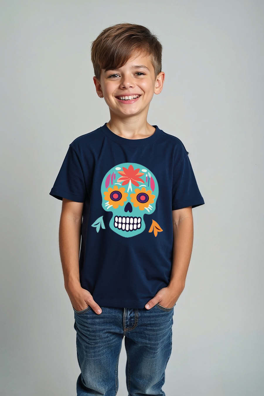 Thumbnail: Colorful Sugar Skull Kids T-Shirt – Fun Vibrant Graphic Tee for Boys & Girls