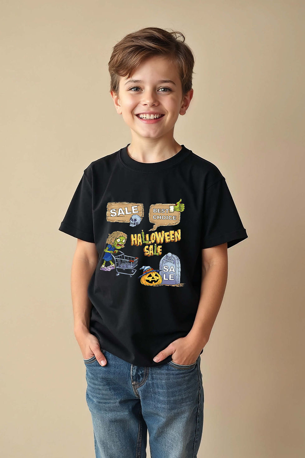 Thumbnail: Funny Zombie Halloween Sale Graphic T-Shirt Cool Trendy Printed Tee for Kids