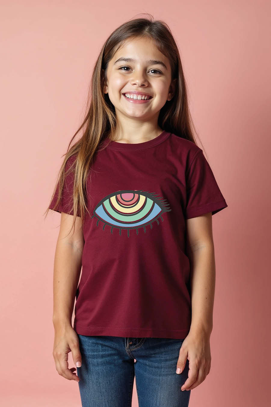 Thumbnail: Rainbow Ring Hypnotic Eye Graphic T-Shirt Playful Cute Kids Typography T-Shirt –