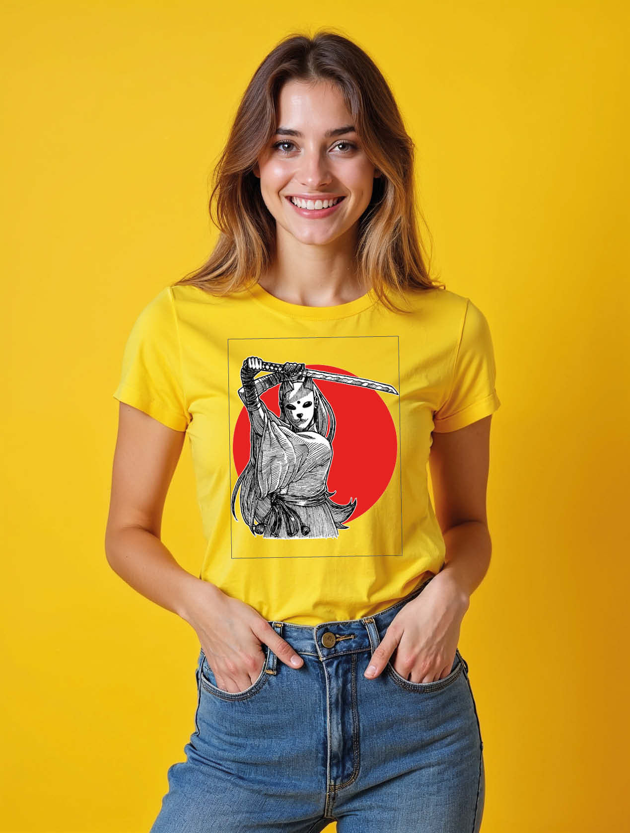 Manga Swordswoman and Red Sun Casual Women’s Printed T-Shirt – Hot Deal