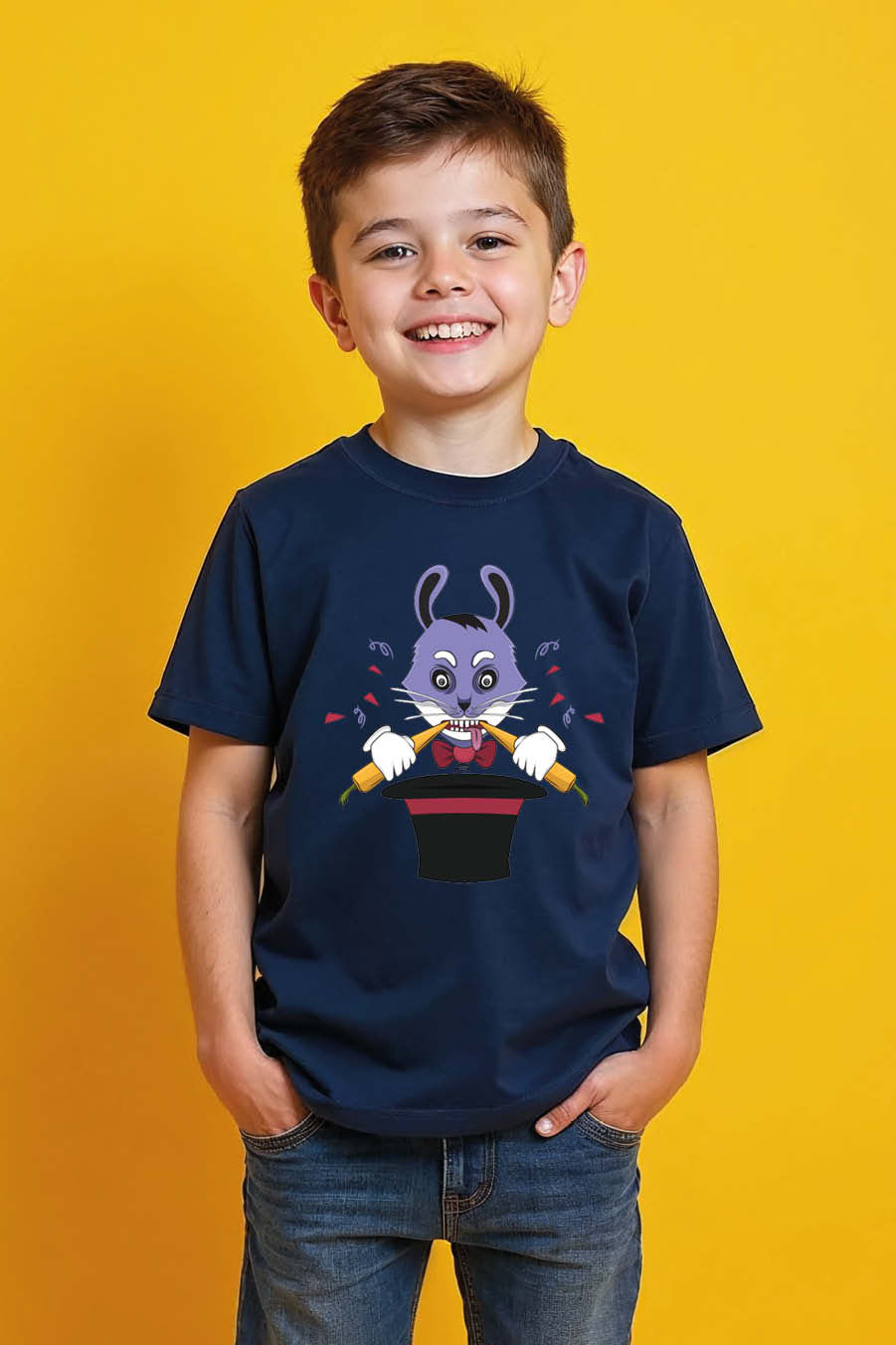 Thumbnail: Cartoon Magician Rabbit in Top Hat T-Shirt Colorful Cute Kids Typography T-Shirt