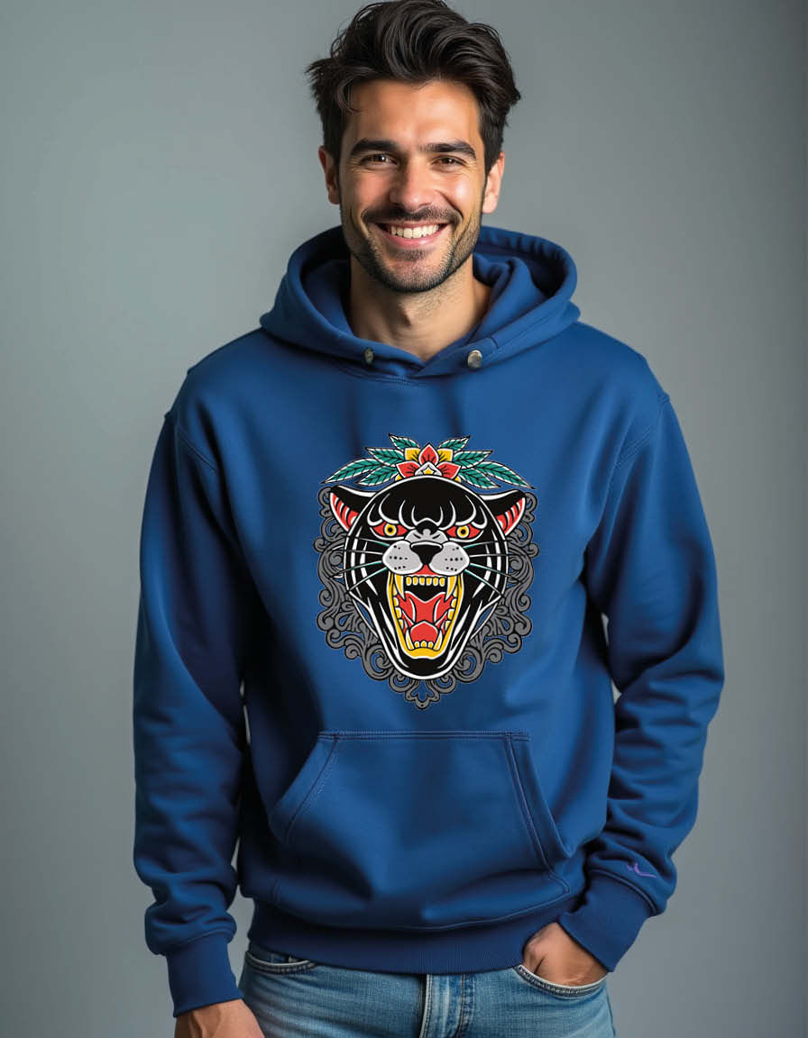 Thumbnail: Roaring Lion Head with Floral Crown Unisex Graphic Printed Hoodies