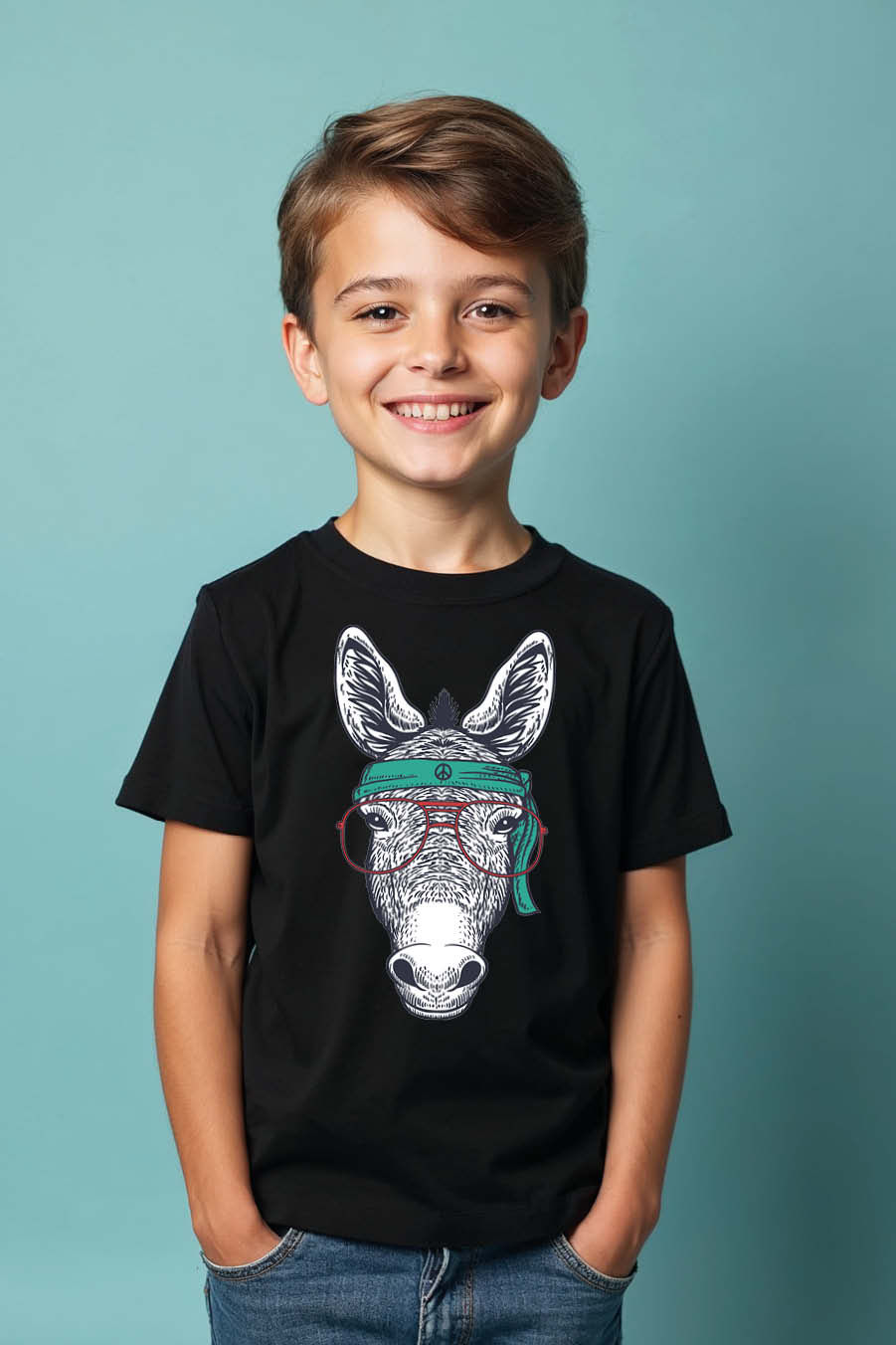 Peace Sign Donkey with Headband and Glasses T-Shirt Fashion Cute Kids Typography