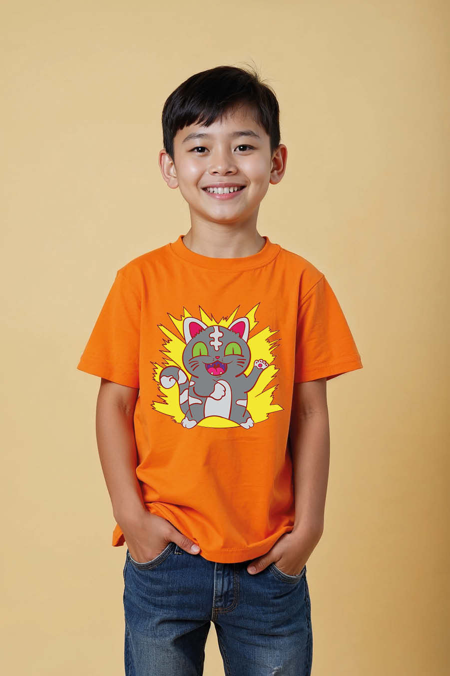 Vibrant Cartoon Cat with Yellow Spark Graphic T-Shirt Playful Unisex Kids