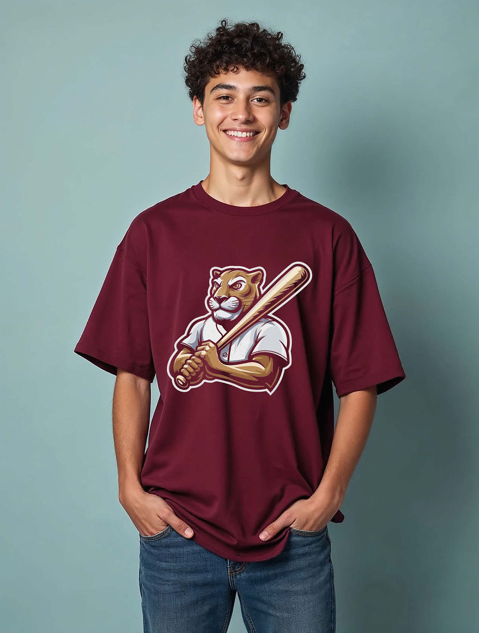 Baseball Cougar Mascot Stylish Unisex Drop Shoulder Oversized T-Shirt