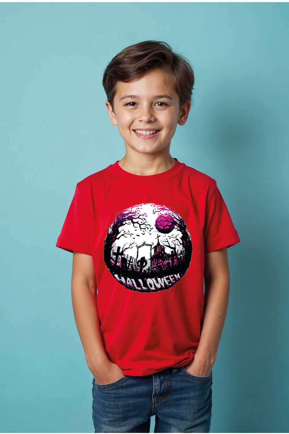 Thumbnail: Cemetery Jack-o'-Lantern Kids' Gray Halloween T-Shirt Trendy Casual Kids Printed