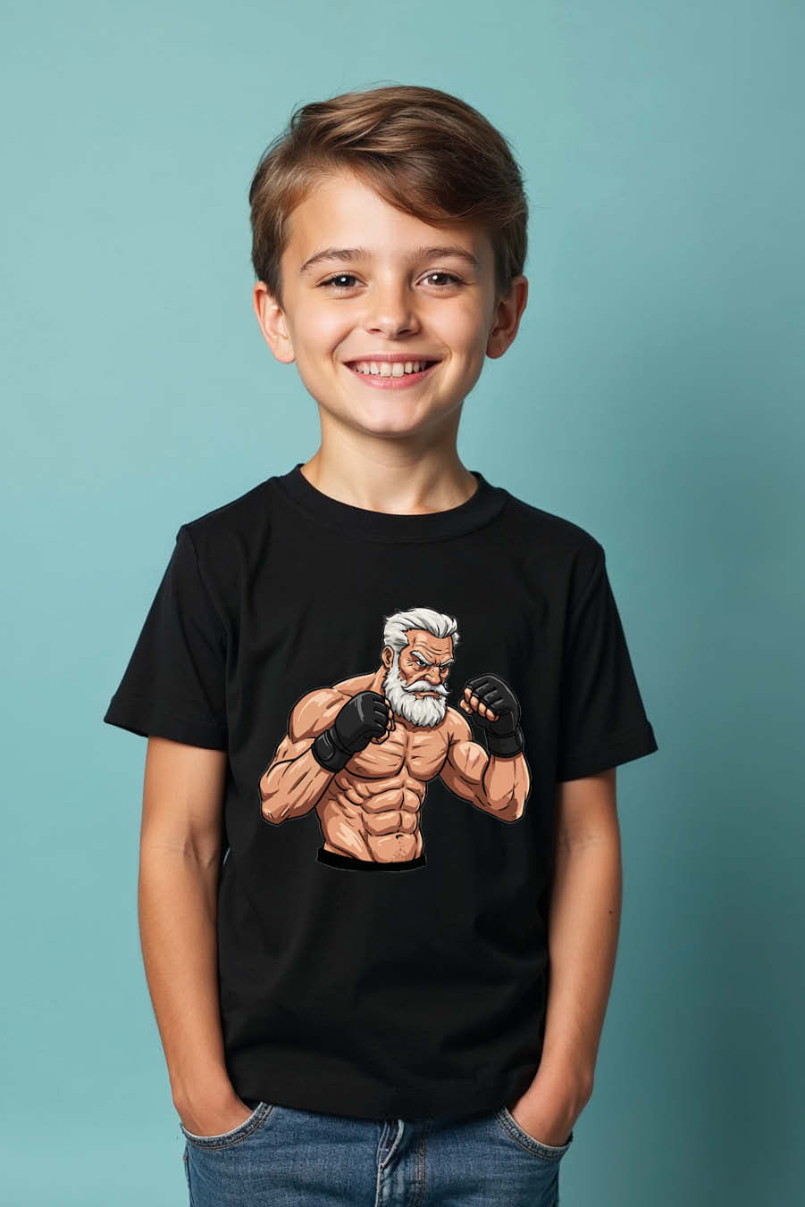 Thumbnail: Buff Santa Boxer Fashion Typography Print T-Shirt for Kids – Space Print Design