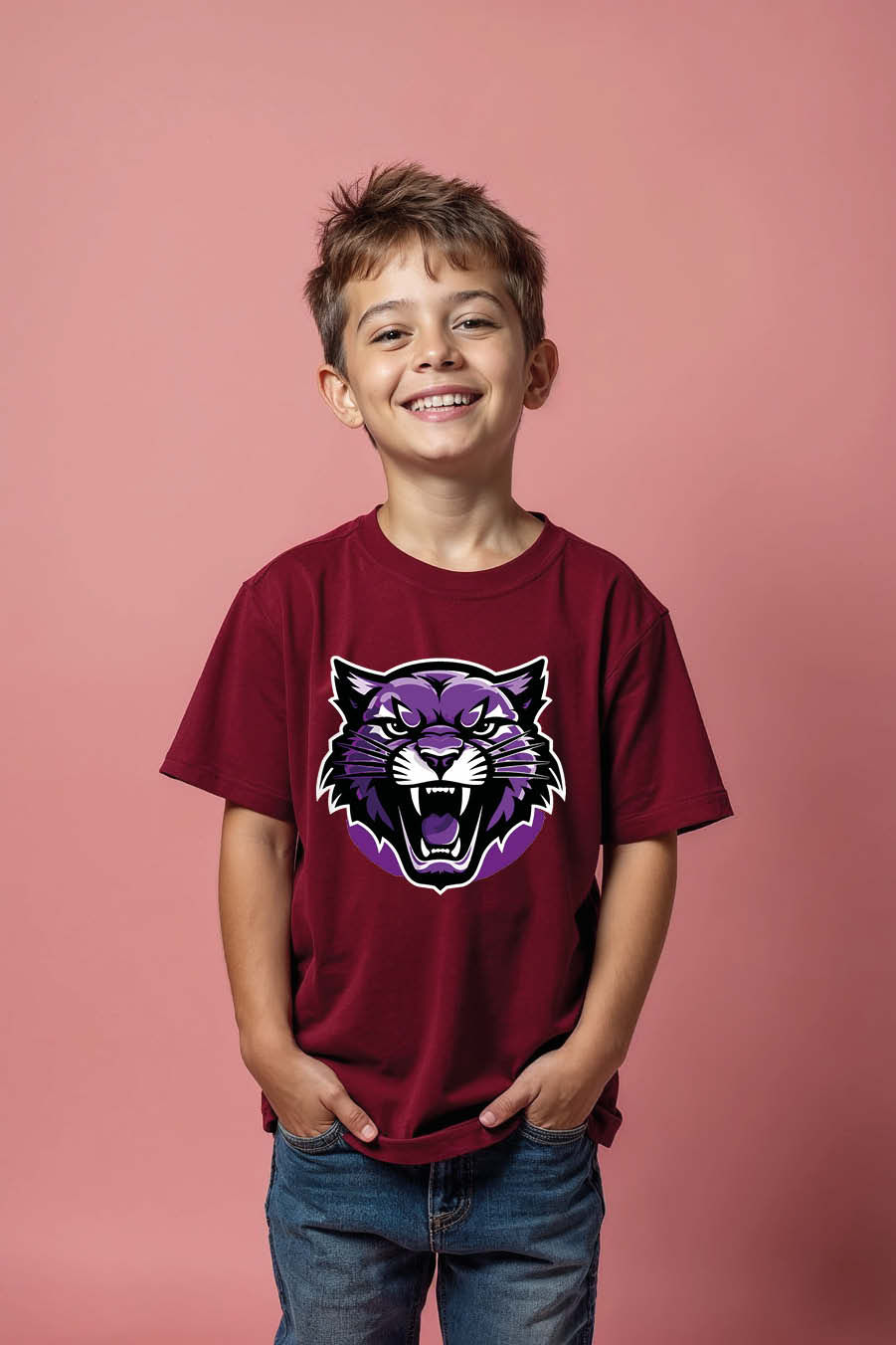 Thumbnail: Fierce Purple Wildcat Mascot Graphic T-Shirt for Kids Fashion Stylish Kids