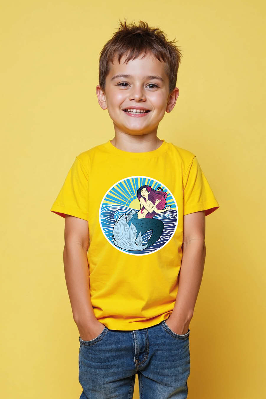 Thumbnail: Purple-Haired Mermaid and Ocean Sunrise Graphic Colorful Unisex Kids Graphic Tee