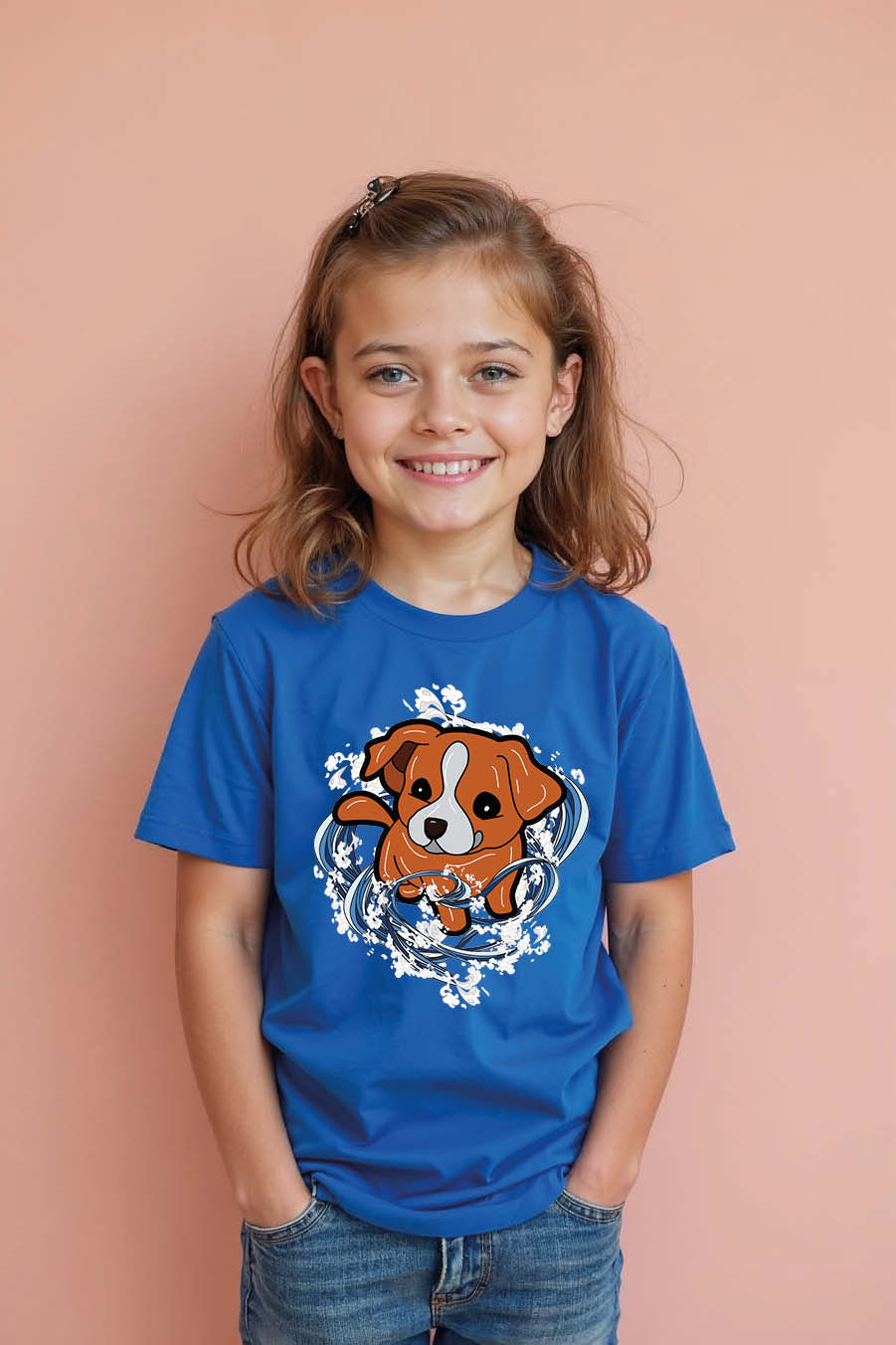 Thumbnail: Puppy in a Swirling Wave Graphic Colorful Typography Print T-Shirt for Kids
