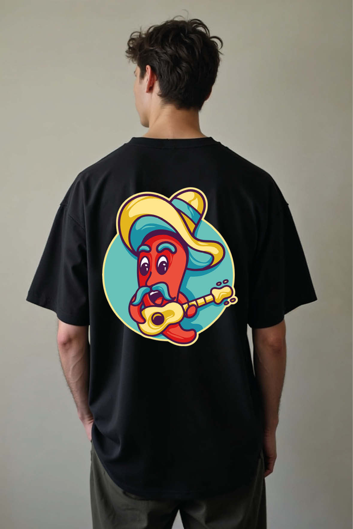 Guitar Chili Cartoon Premium Stylish Unisex Oversized Drop Shoulder T-Shirt