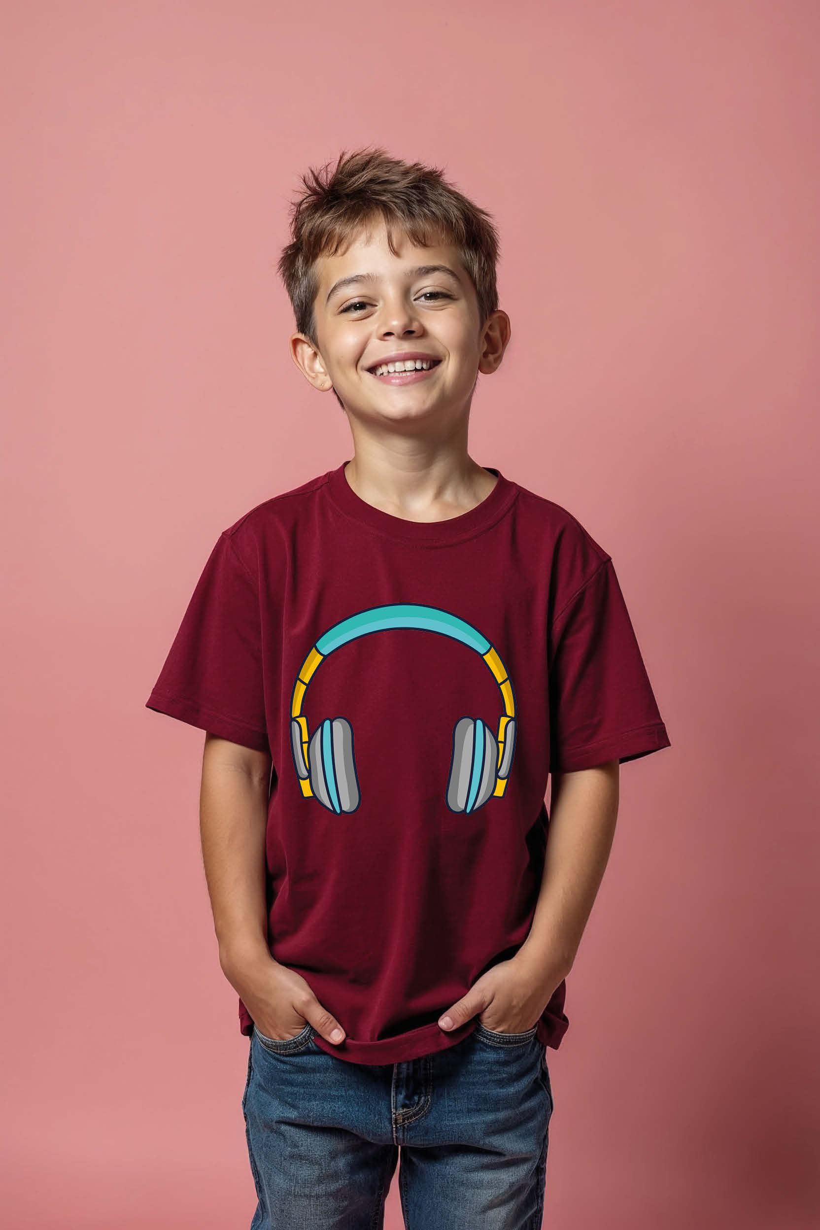 Stylized Blue and Yellow Headphones Soft Stylish Kids Graphic T-Shirt – Print