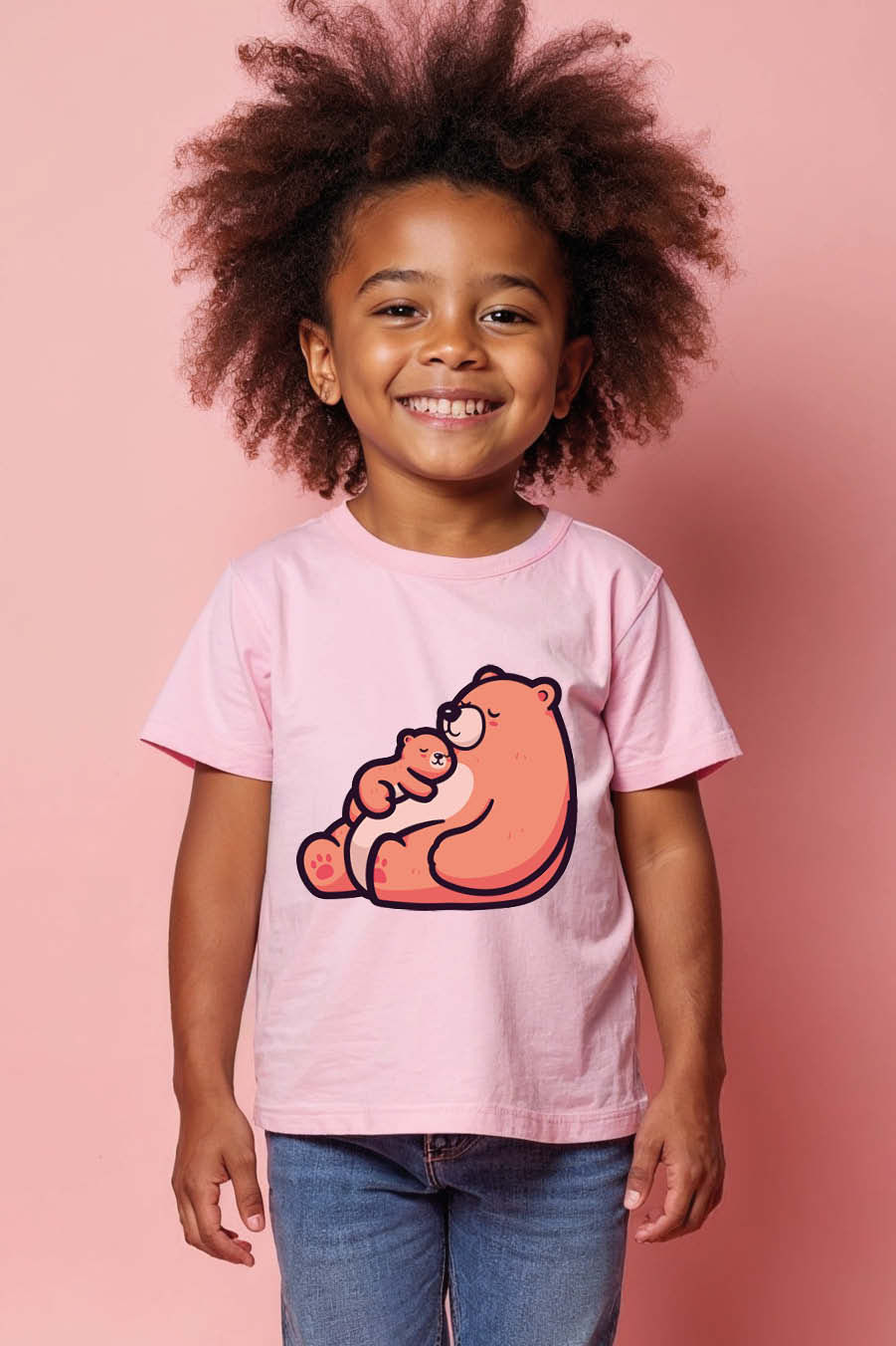Thumbnail: Bear Mom Cuddling Cub Stylish Typography Print T-Shirt for Kids – Space Print
