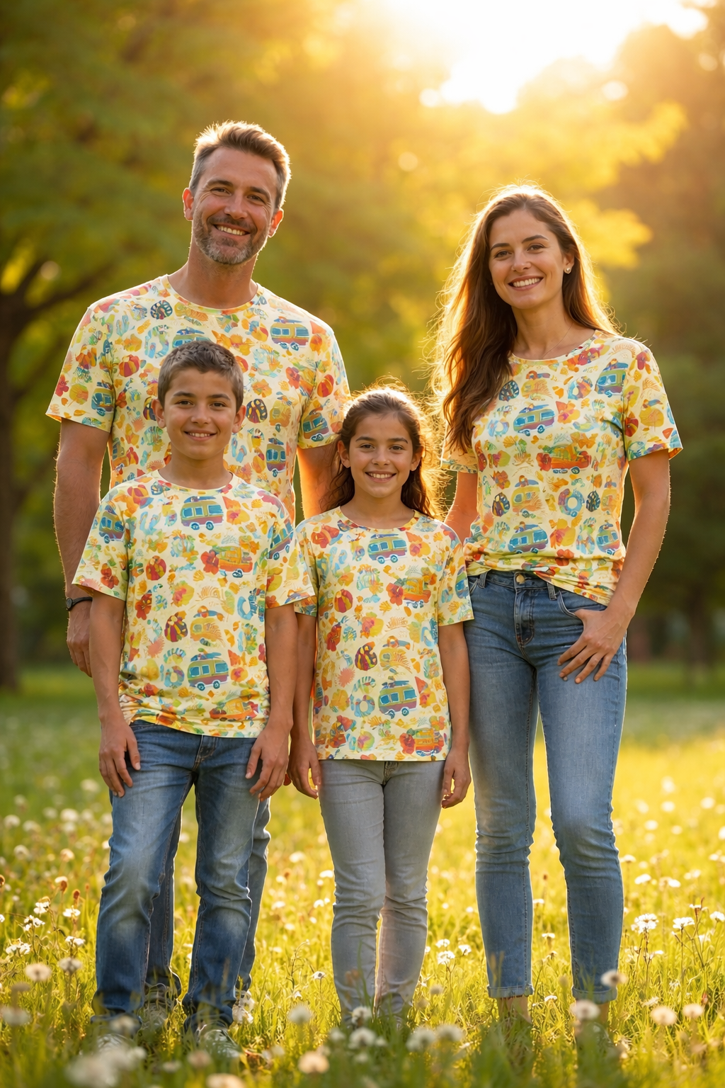 a family wearing matching patterned t-shirts pack of 4