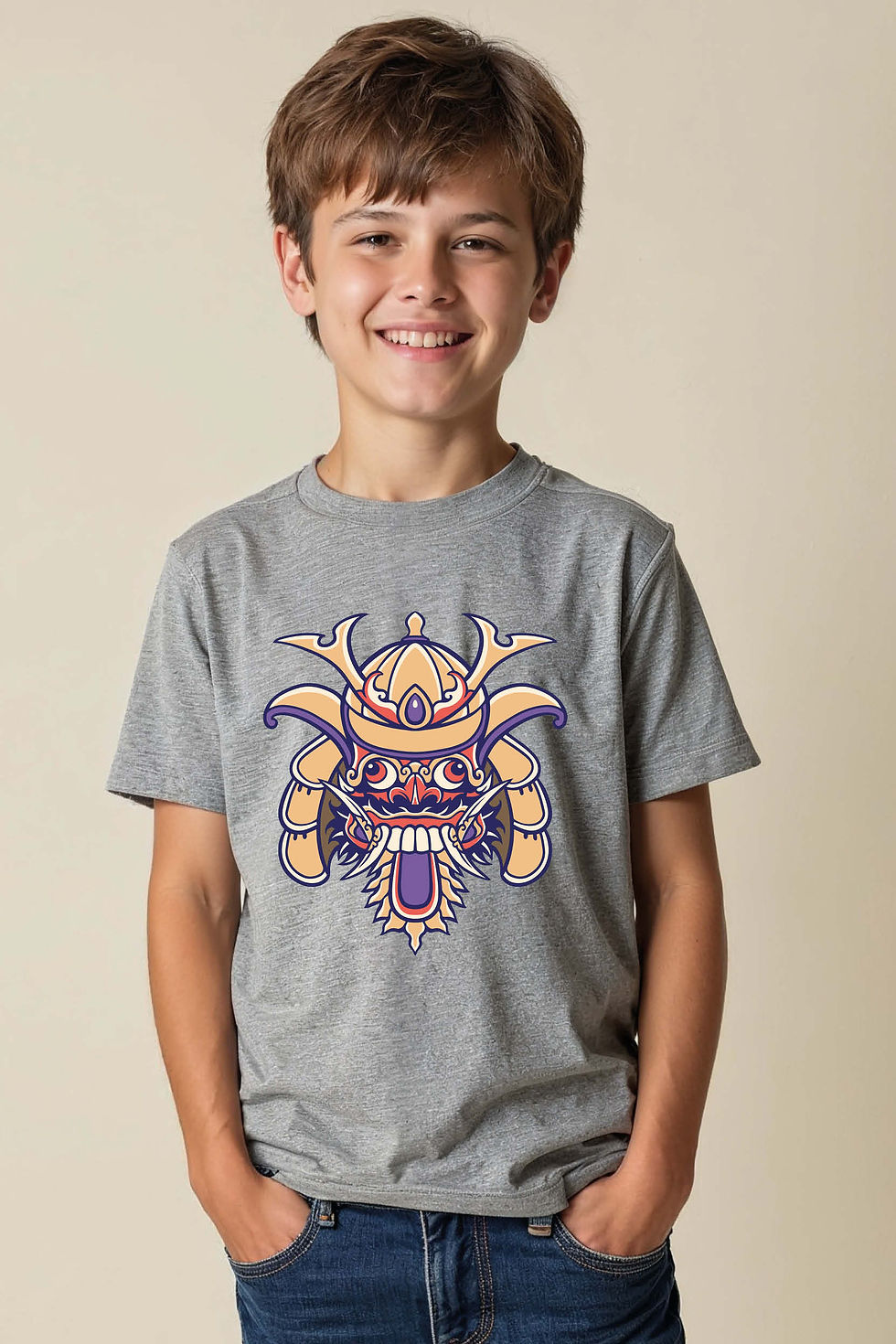 Thumbnail: Stylized Samurai Mask and Helmet Graphic Tee Trendy Cartoon Printed T-Shirt