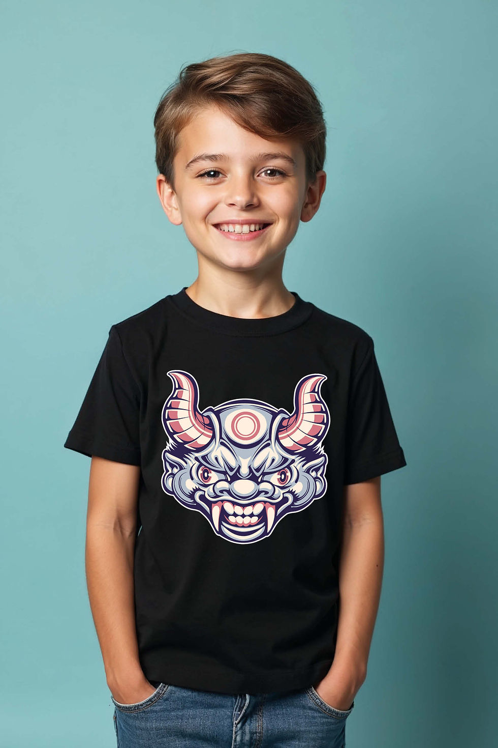 Thumbnail: Grinning Horned Oni Mask Graphic Tee Soft Cartoon Printed T-Shirt