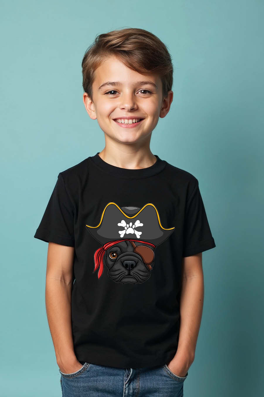 Thumbnail: Black Pug Pirate with Tricorne Hat and Eye Patch T-Shirt Casual Cool Kid