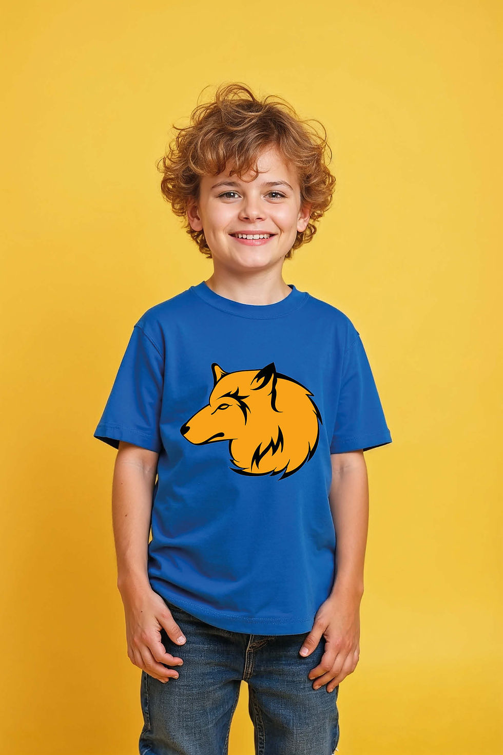 Thumbnail: Bold Yellow and Orange Wolf Head Comfortable Unisex Kids Graphic Tee – Quote