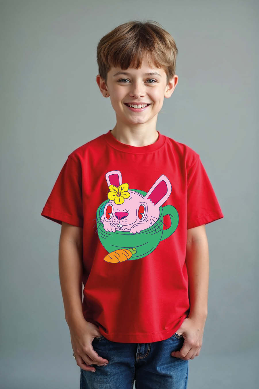 Thumbnail: Rabbit in a Green Teacup Graphic Premium Printed T-Shirt Boys & Girls