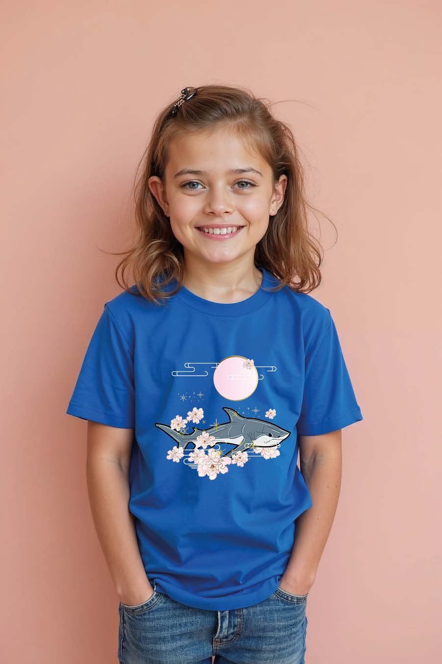Thumbnail: Full Moon Shark and Sakura Graphic T-Shirt Colorful Typography Print T-Shirt