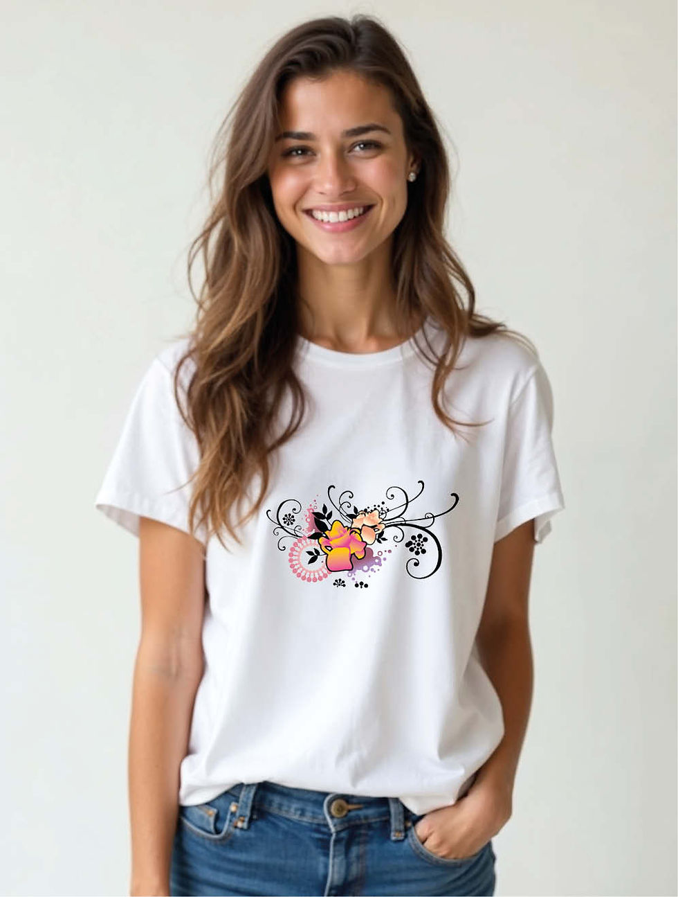 Thumbnail: Abstract Cross and Floral Swirl Modern Women’s Printed Graphic T-Shirt