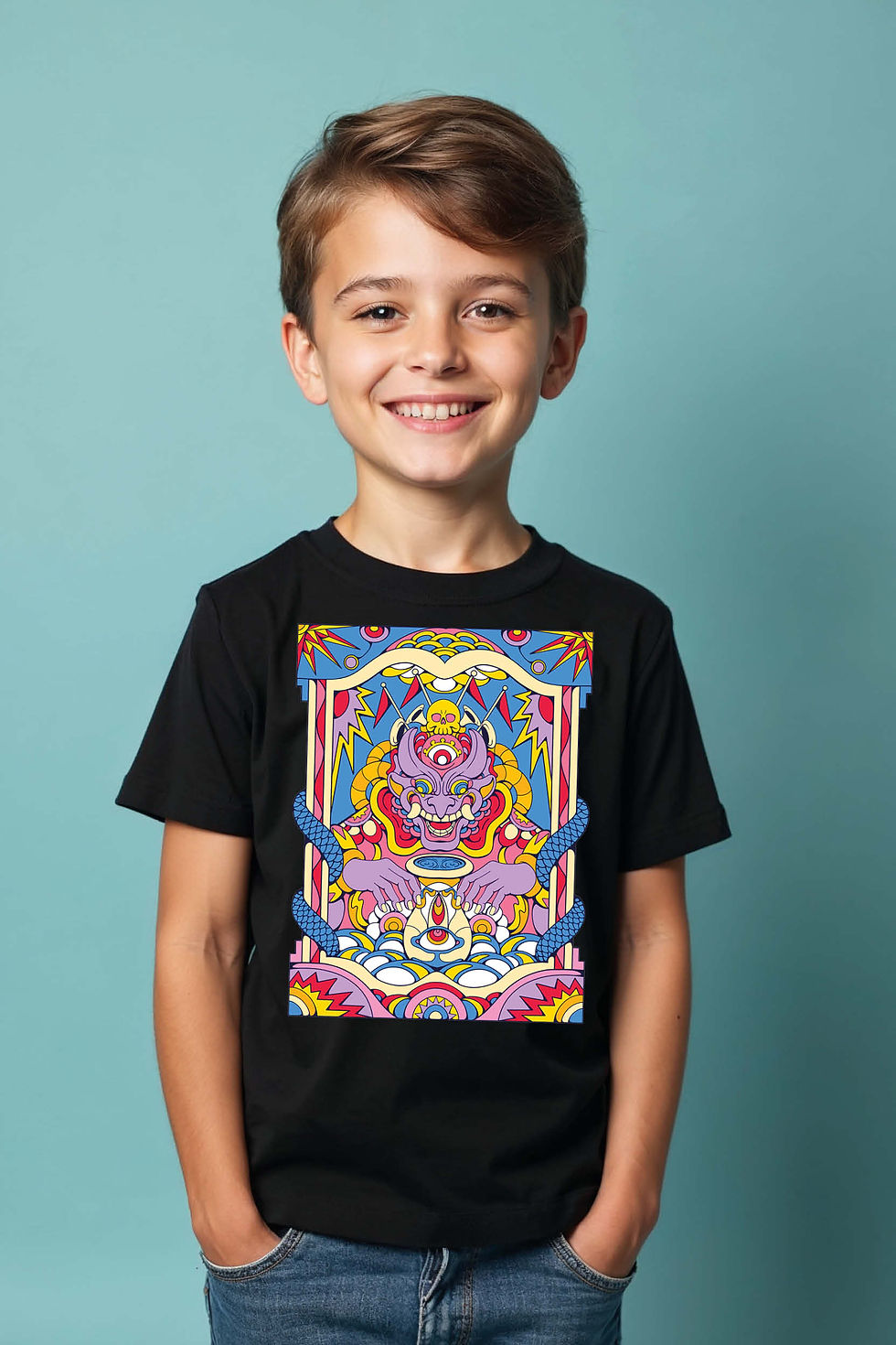 Thumbnail: Colorful Demon Art Kids T-Shirt – Vibrant Mythical Design  Tee for Boys &