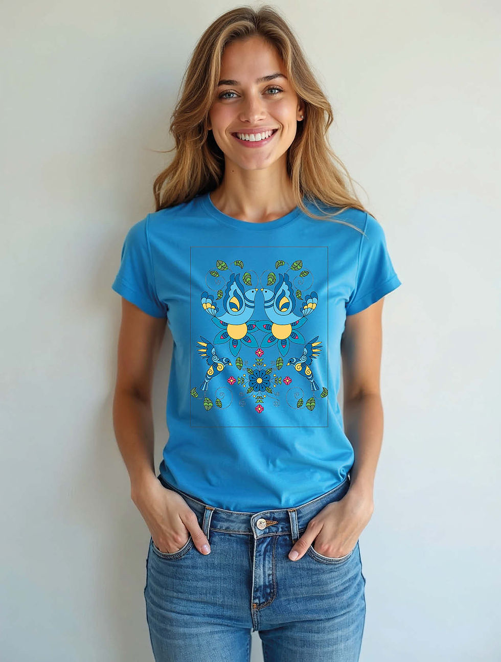 Thumbnail: Symmetrical Blue Birds Folk Classic Women’s Typography T-Shirt – Hot Deal