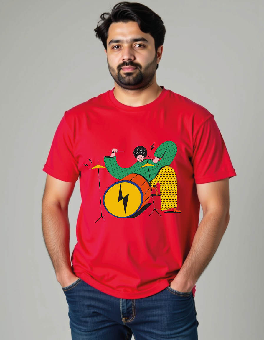 Thumbnail: drummer funny cartoon with character playing drums mensprintedgraphic t shirt