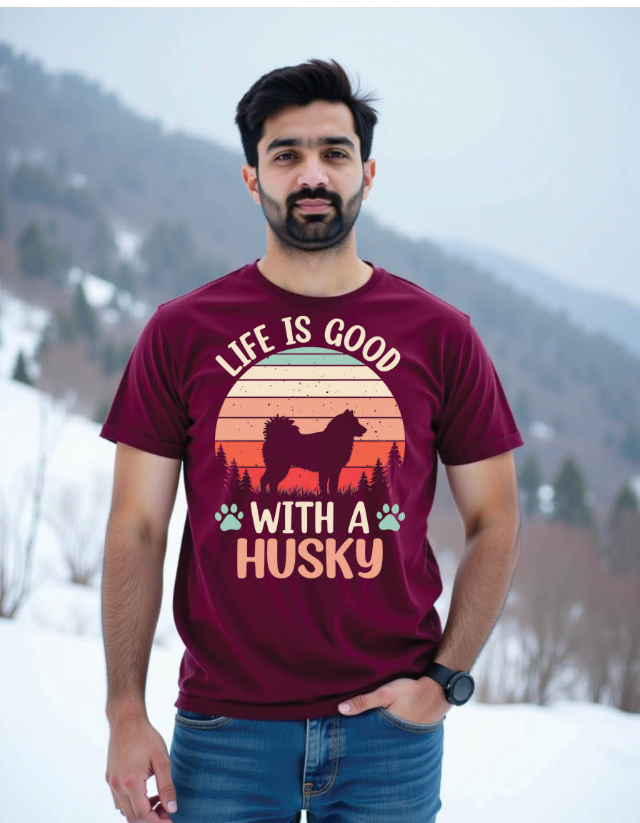 Thumbnail: life is good with husky retro siberian husky dog mens printed graphic t shirt
