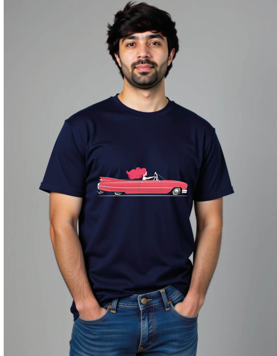 Thumbnail: redhead girl is driving classic red cabriolet car mens printed graphic tshirt