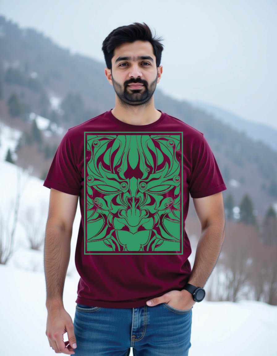 Thumbnail: green demon mask square shape mens printed graphic t shirt