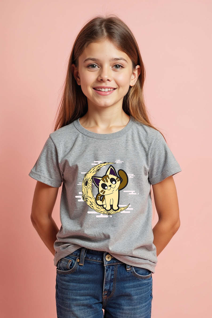 Thumbnail: Waving Cat on the Moon Kid's Graphic T-Shirt Modern Unisex Kids Graphic Tee